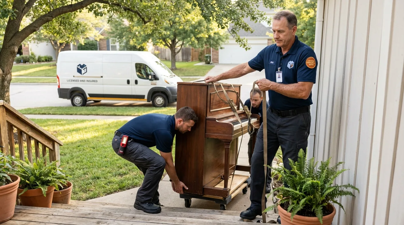 Licensed piano movers securing grand piano in Muscatine, IA