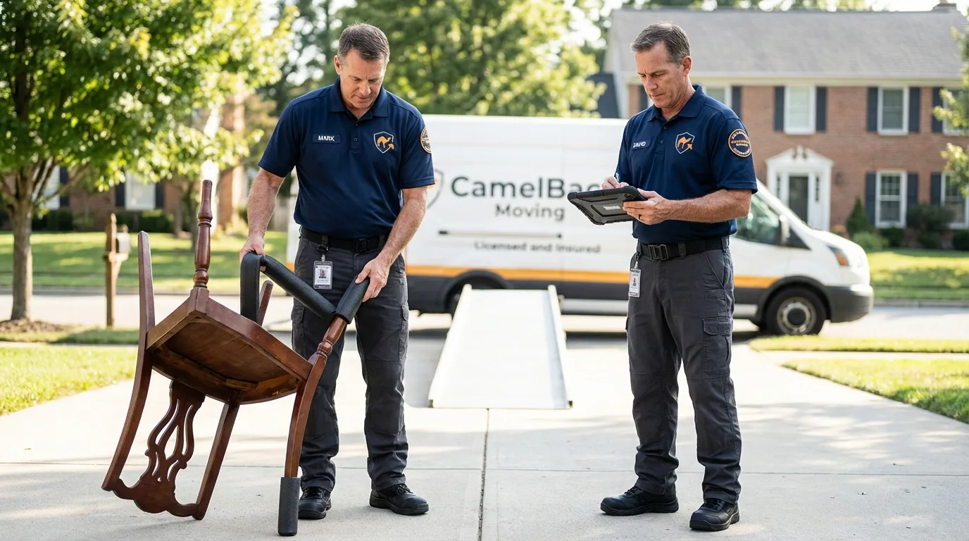 Movers inspecting furniture for damage prevention before loading in Muscatine, IA