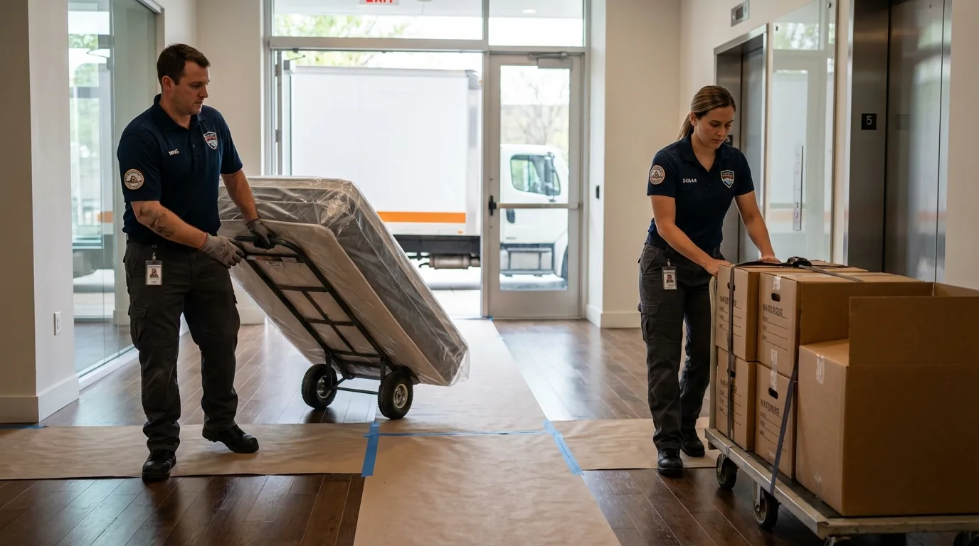 Professional apartment movers loading elevator in Muscatine, IA