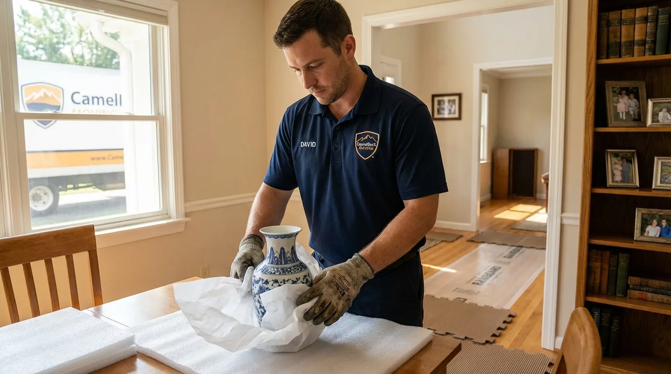 Professional crew carefully wrapping antique vase for senior downsizing move in Muscatine, IA
