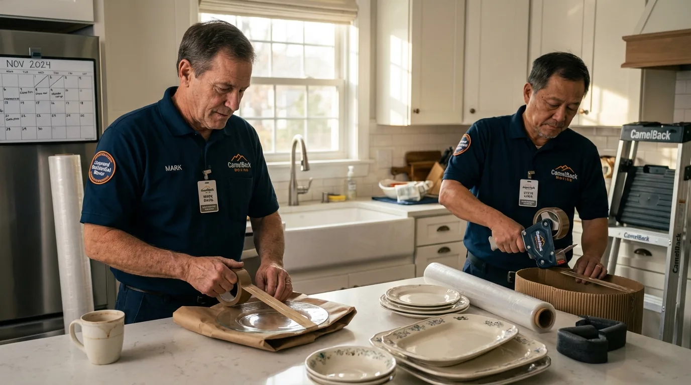 Professional crew packing kitchen dishware in Muscatine, IA